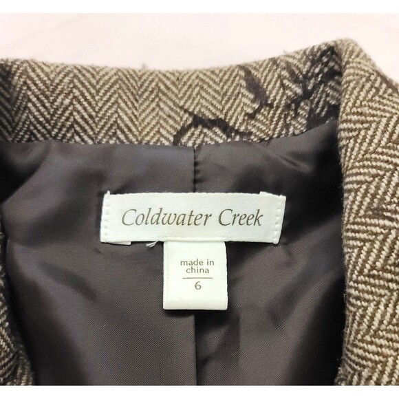 Coldwater Creek Womens Flocked Herringbone Tweed Wool Blazer JACKET Brown 6 - Picture 7 of 8